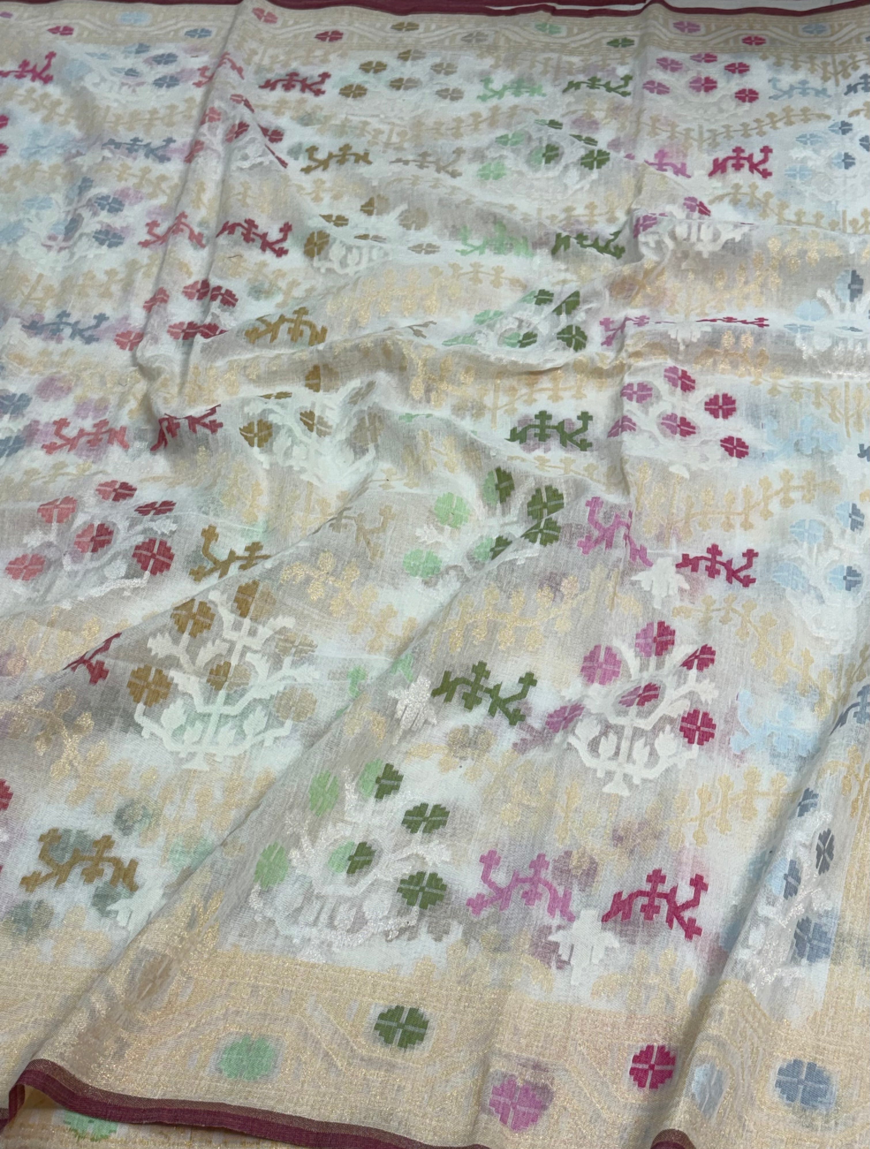 White Cotton Jamdani Saree with Multicolor Woven Motifs