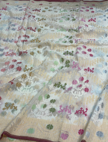 White Cotton Jamdani Saree with Multicolor Woven Motifs
