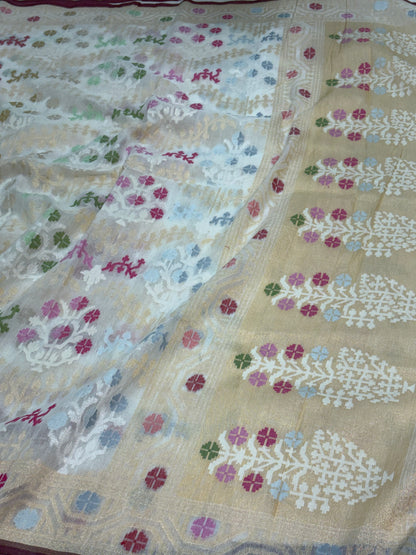 White Cotton Jamdani Saree with Multicolor Woven Motifs