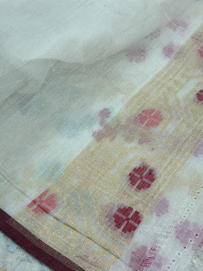 White Cotton Jamdani Saree with Multicolor Woven Motifs