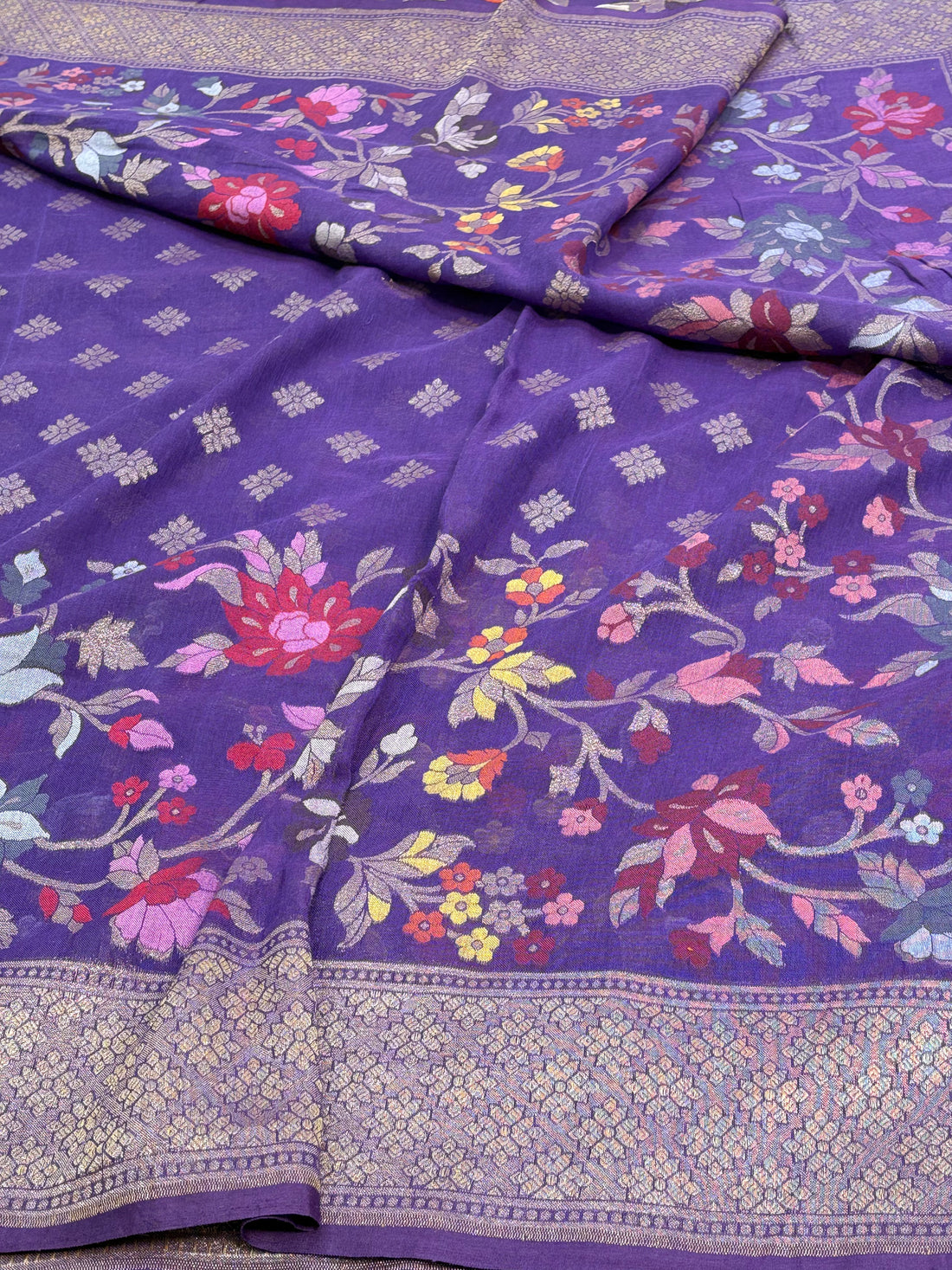 Purple Cotton Jamdani Banarasi Saree with Multicolor Floral Weaving