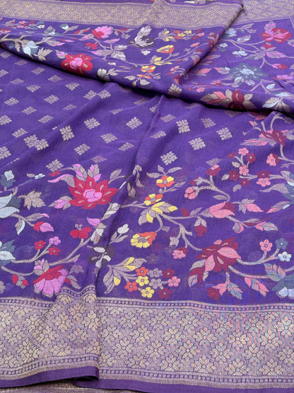 Purple Cotton Jamdani Banarasi Saree with Multicolor Floral Weaving