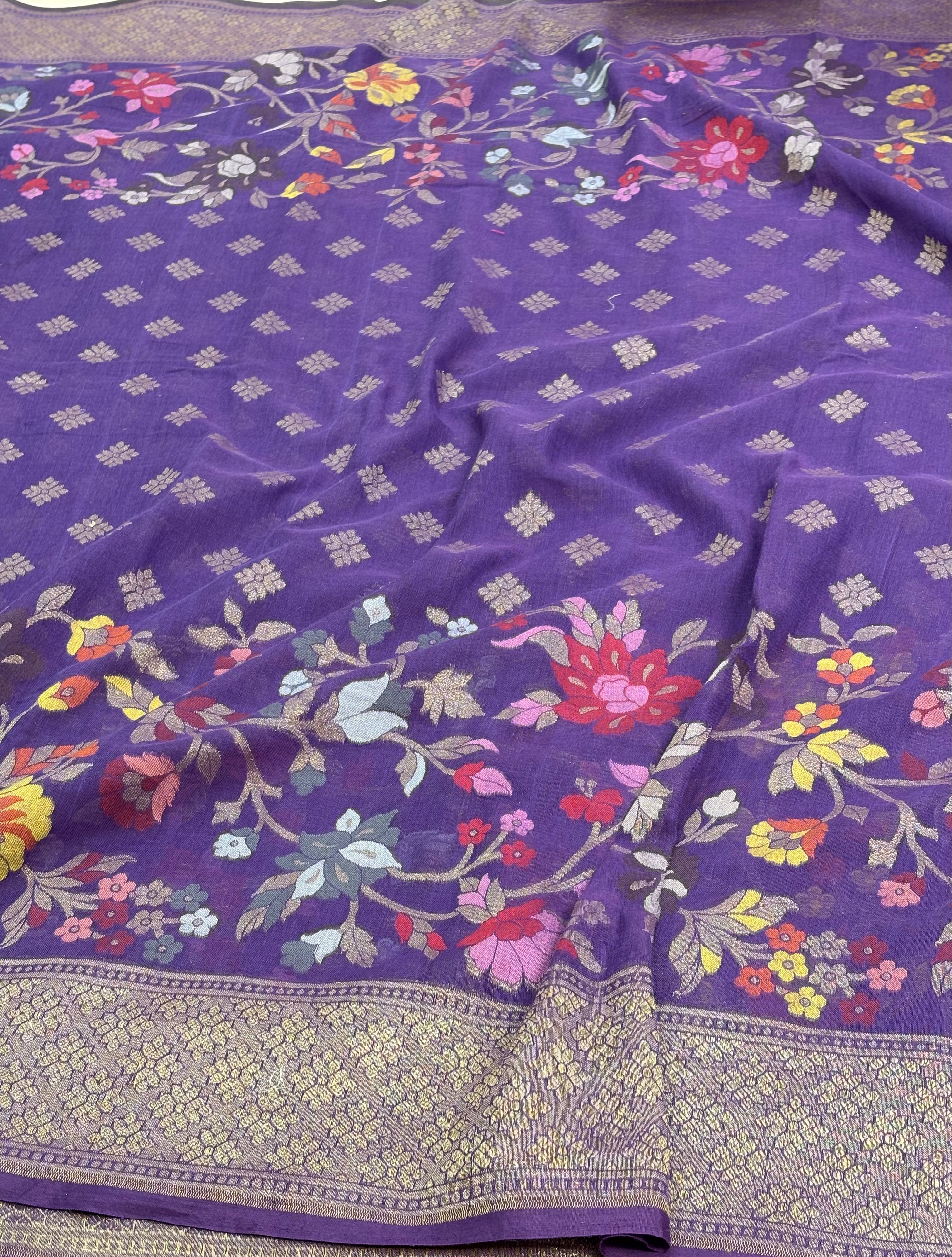 Purple Cotton Jamdani Banarasi Saree with Multicolor Floral Weaving