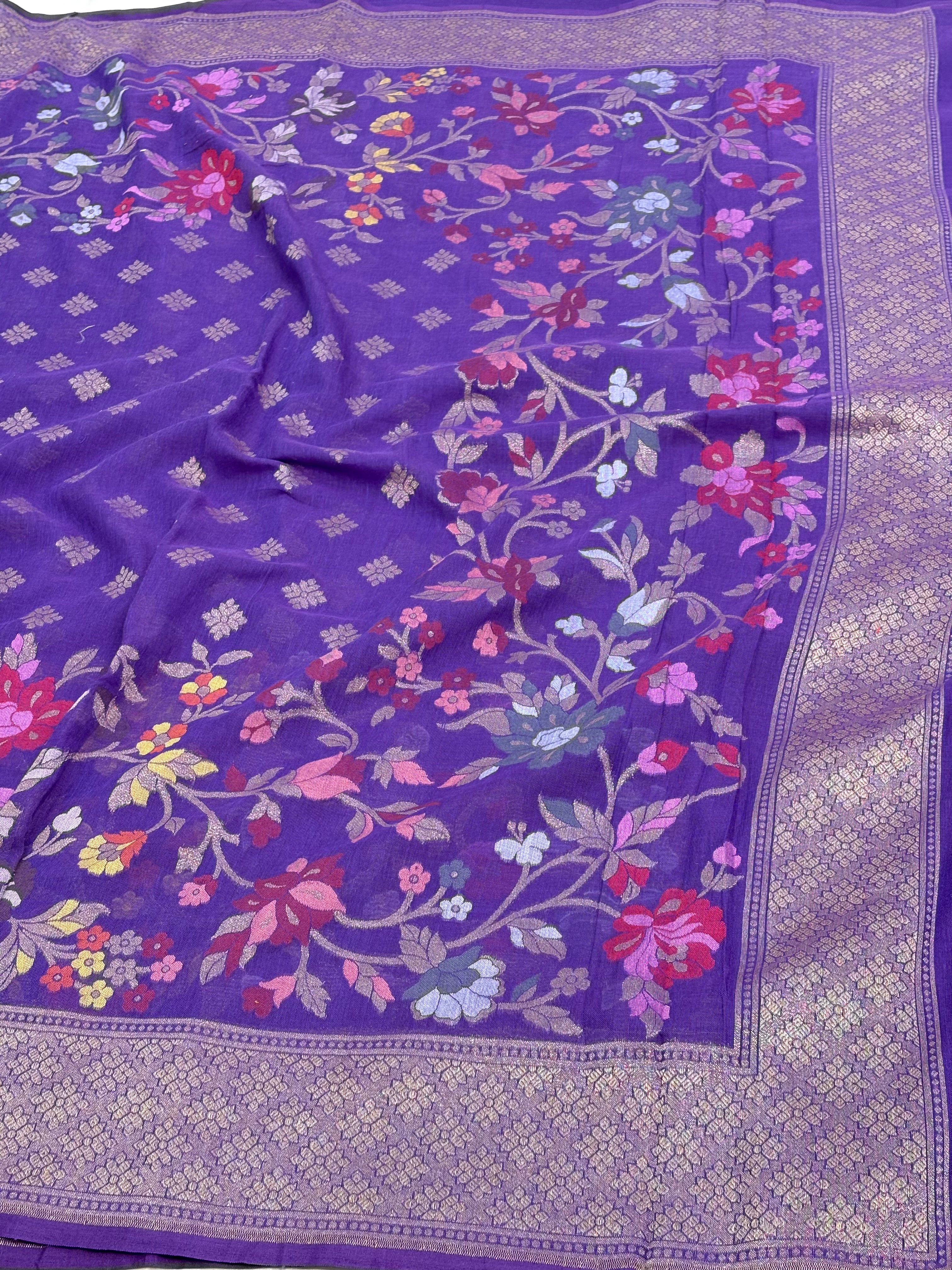 Purple Cotton Jamdani Banarasi Saree with Multicolor Floral Weaving