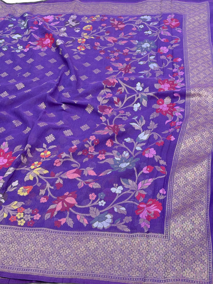 Purple Cotton Jamdani Banarasi Saree with Multicolor Floral Weaving