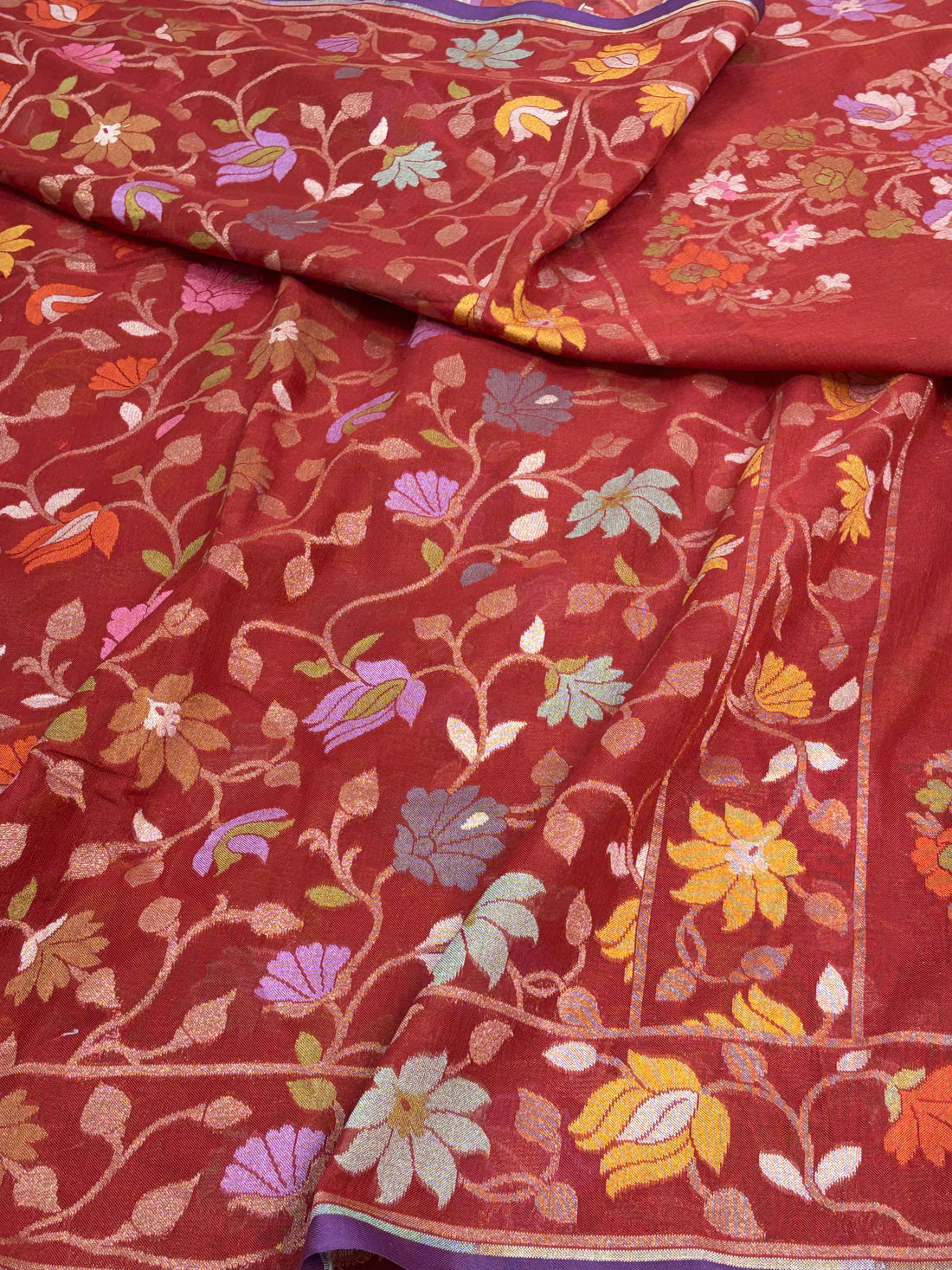 Red Cotton Jamdani Saree with Multicolor Floral Weaving