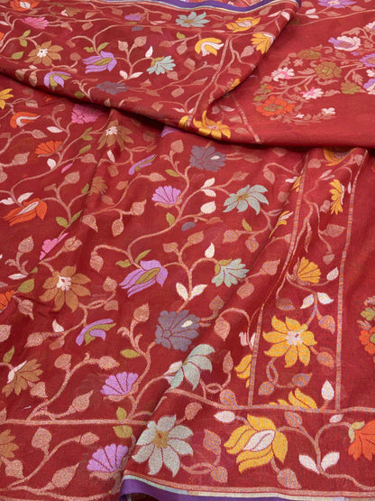 Red Cotton Jamdani Saree with Multicolor Floral Weaving