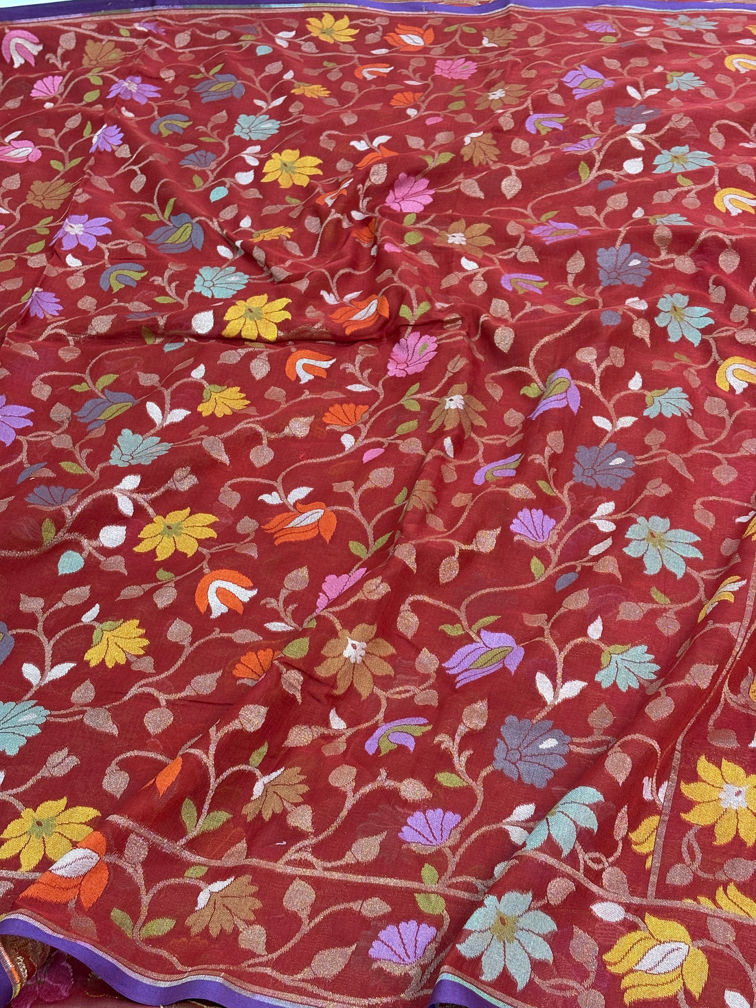 Red Cotton Jamdani Saree with Multicolor Floral Weaving