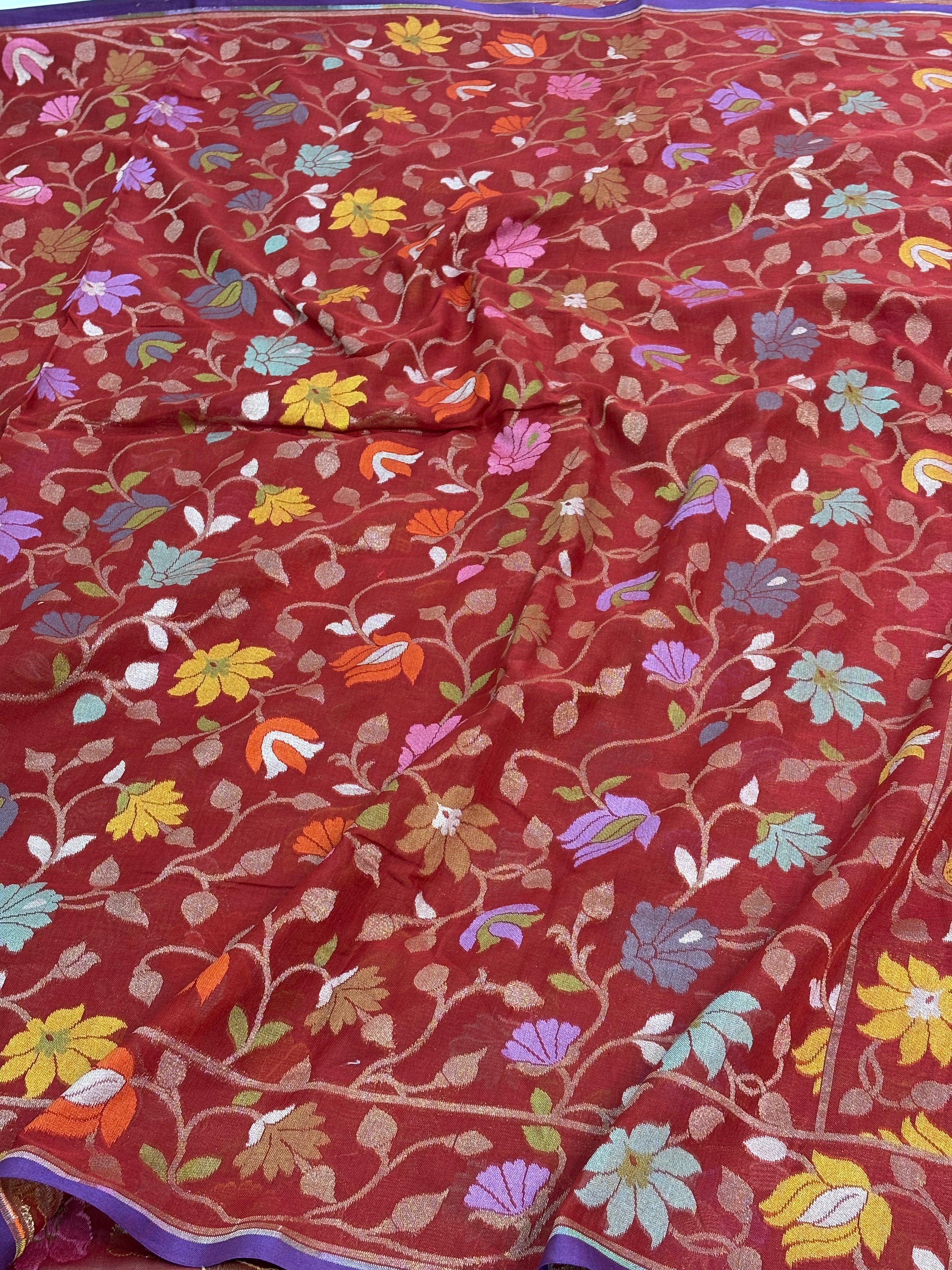 Red Cotton Jamdani Saree with Multicolor Floral Weaving