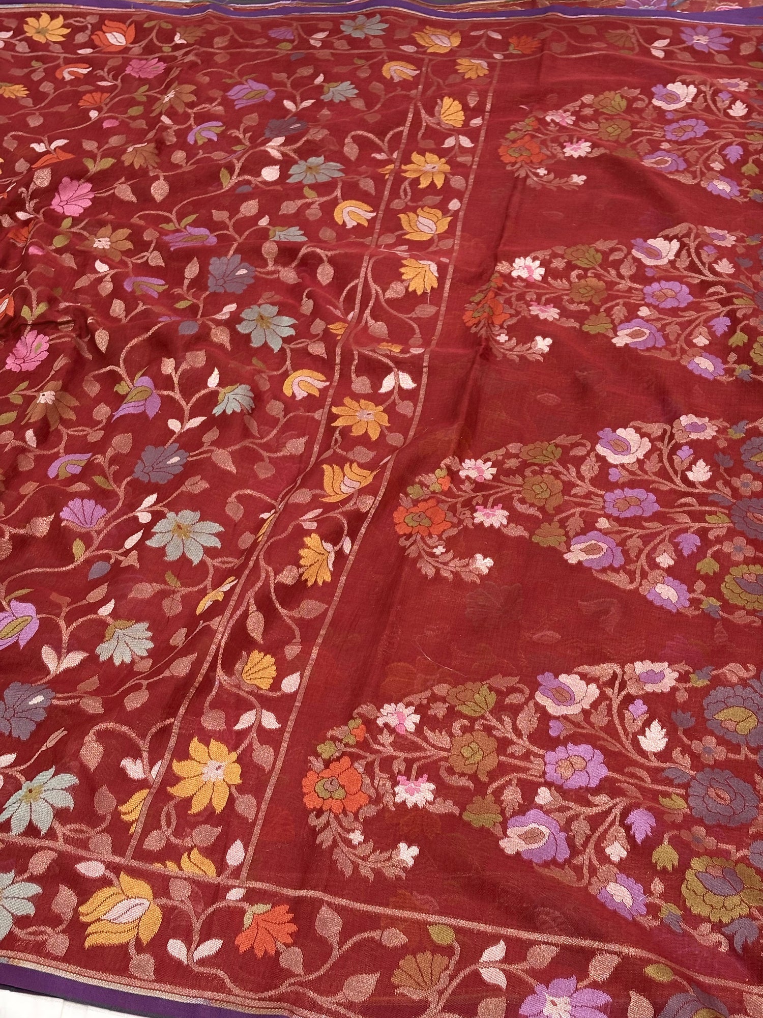 Red Cotton Jamdani Saree with Multicolor Floral Weaving