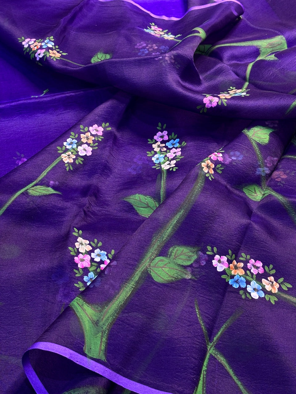 Royal Purple Pure Sheer Organza Handprinted Saree