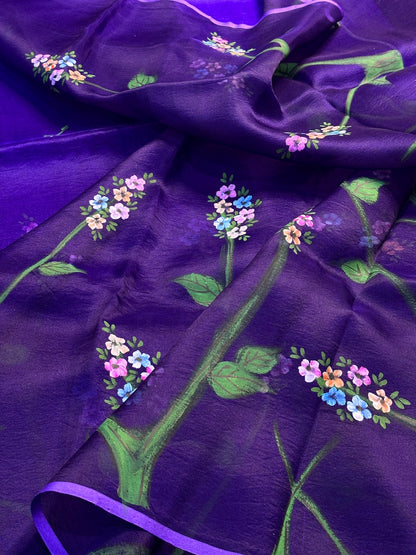 Royal Purple Pure Sheer Organza Handprinted Saree