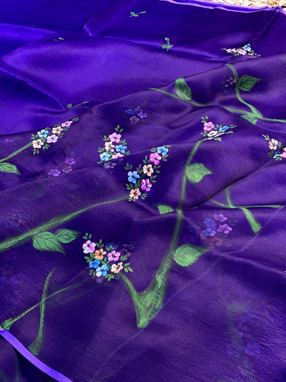 Royal Purple Pure Sheer Organza Handprinted Saree