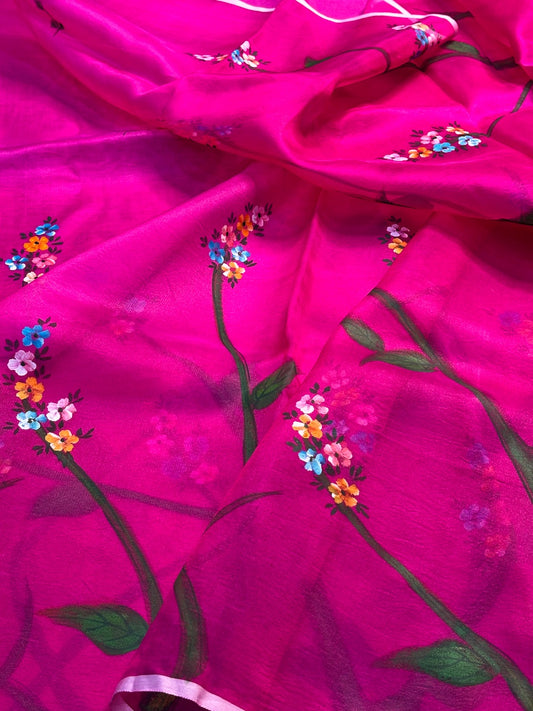 Pink Pure Sheer Organza Handprinted Saree