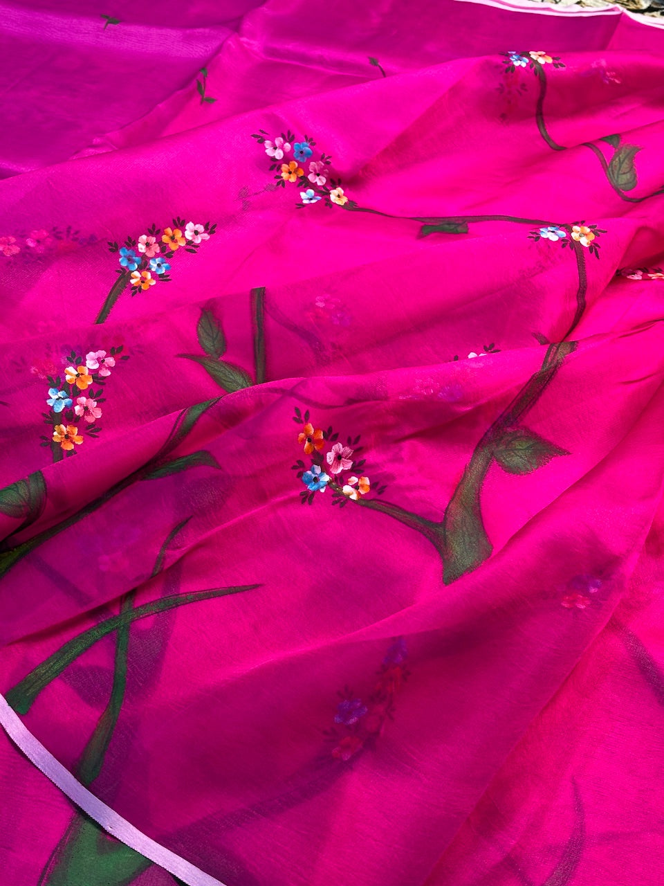 Pink Pure Sheer Organza Handprinted Saree