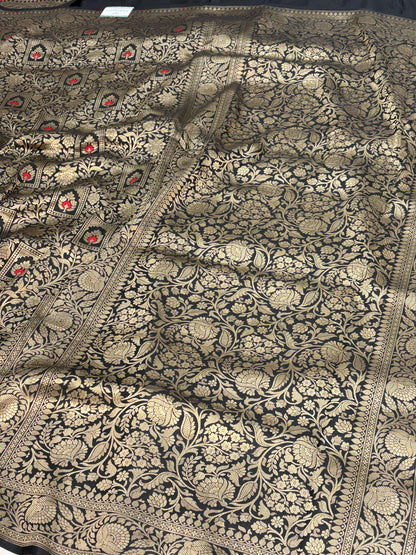 Black Banarasi Katan Silk Brocade Meenakari Saree with Rich Zari Border