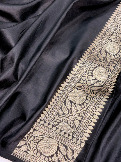 Black Banarasi Katan Silk Brocade Meenakari Saree with Rich Zari Border
