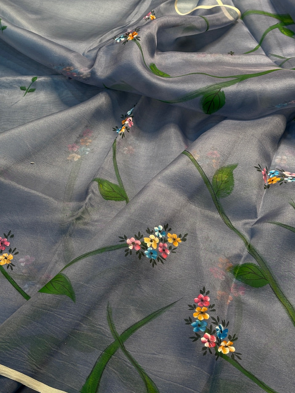 Elegant Grey Pure Sheer Organza Handprinted Saree