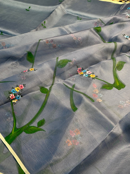 Elegant Grey Pure Sheer Organza Handprinted Saree