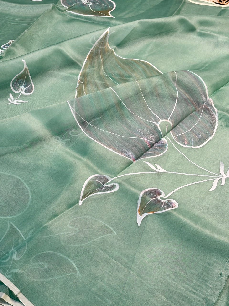 Mint Sage Green Pure Sheer Organza Handprinted Saree