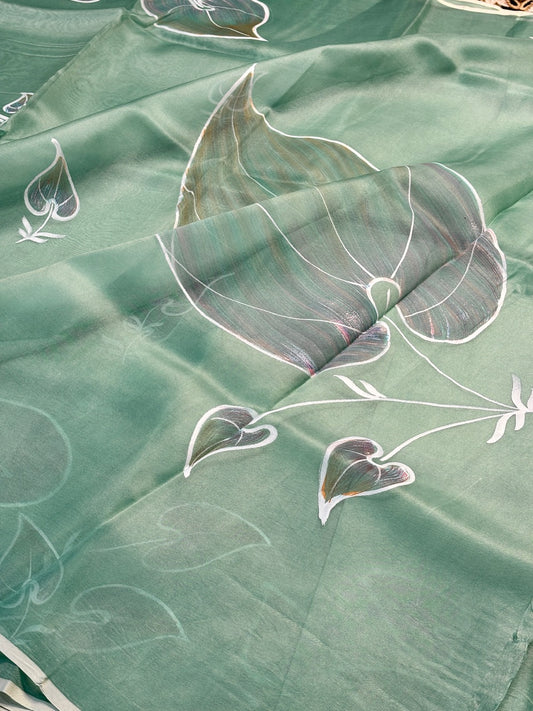 Mint Sage Green Pure Sheer Organza Handprinted Saree