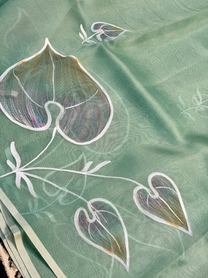 Mint Sage Green Pure Sheer Organza Handprinted Saree