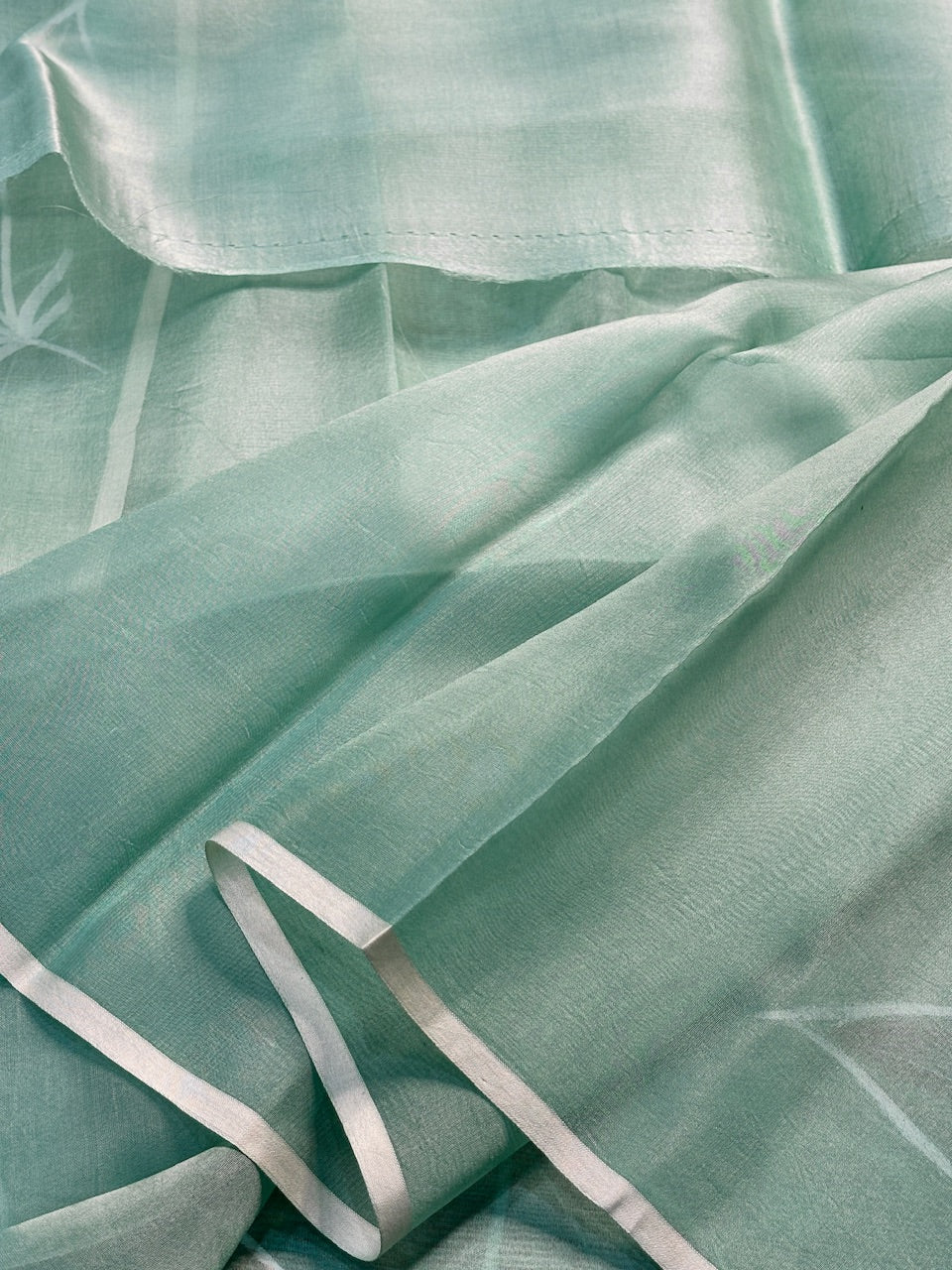 Mint Sage Green Pure Sheer Organza Handprinted Saree