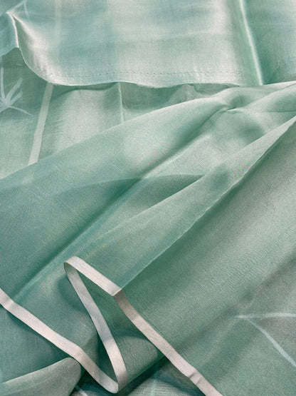 Mint Sage Green Pure Sheer Organza Handprinted Saree