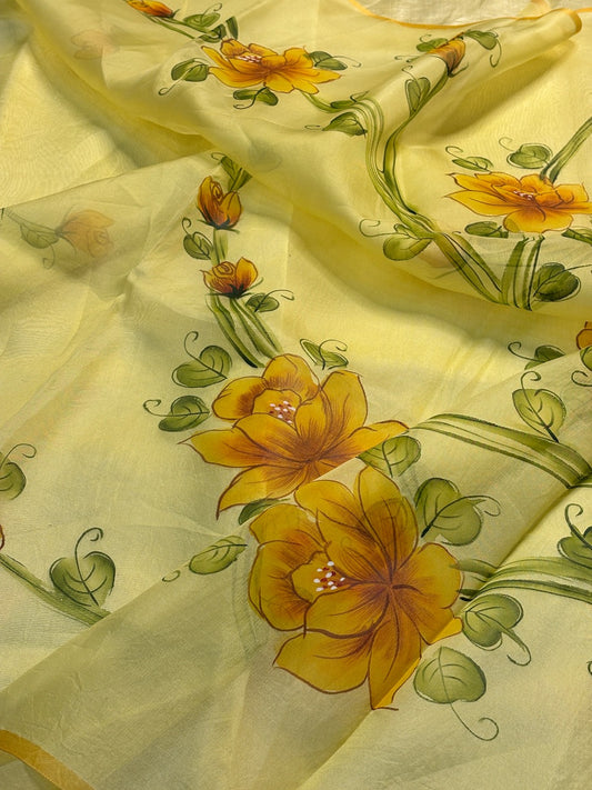 Pastel Lemon Yellow Pure Sheer Organza Handprinted Saree