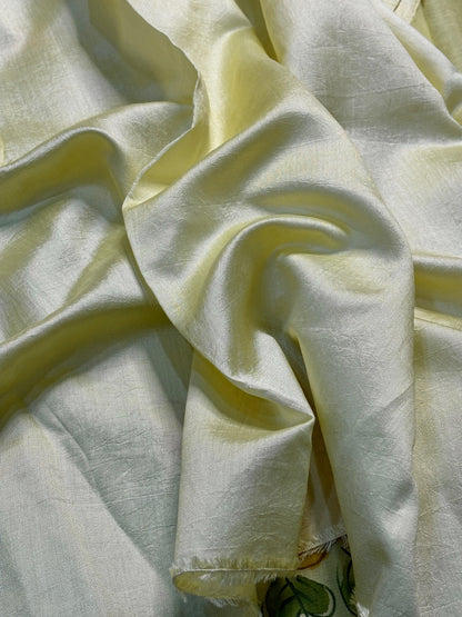 Pastel Lemon Yellow Pure Sheer Organza Handprinted Saree