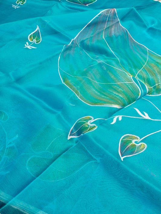Ocean Blue Pure Sheer Organza Handprinted Saree