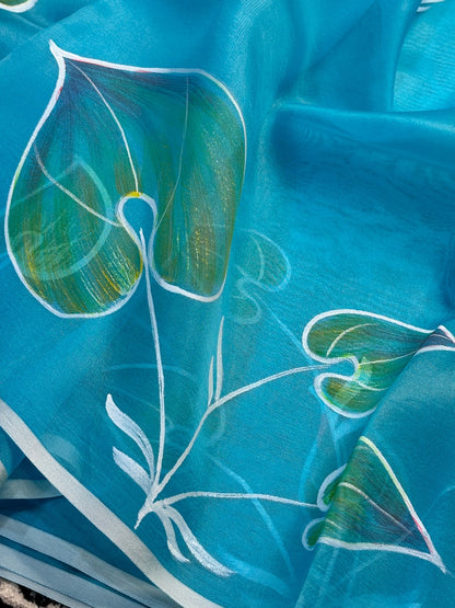 Ocean Blue Pure Sheer Organza Handprinted Saree