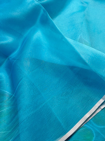 Ocean Blue Pure Sheer Organza Handprinted Saree