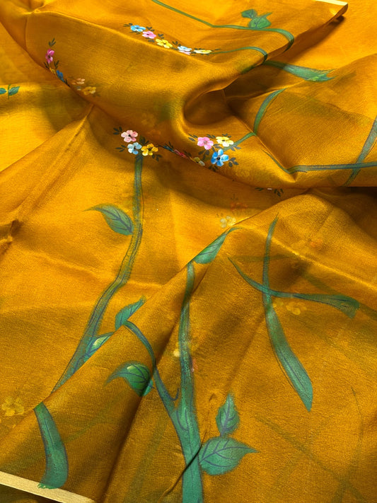 Mustard Yellow Pure Sheer Organza Handprinted Saree