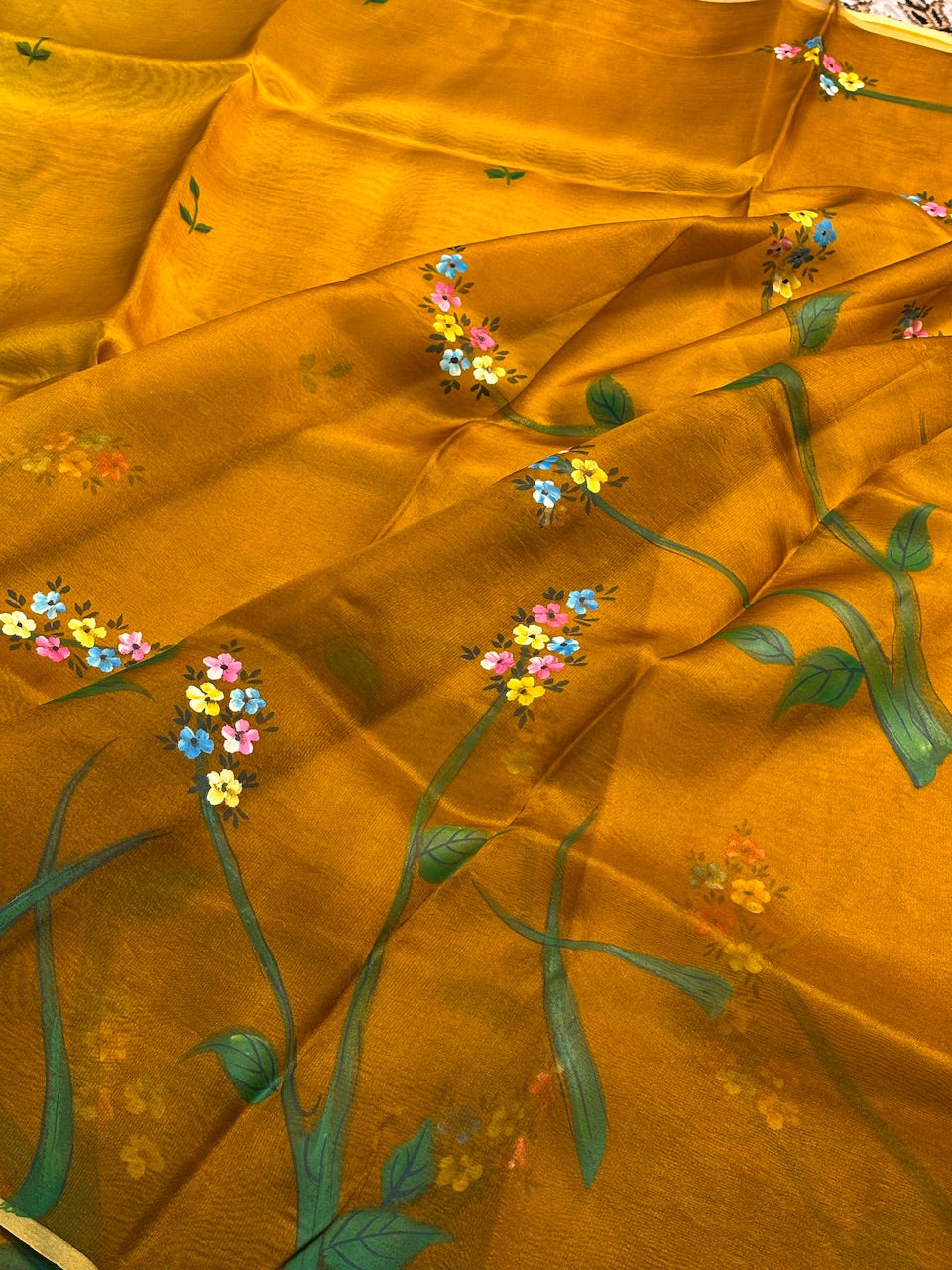 Mustard Yellow Pure Sheer Organza Handprinted Saree