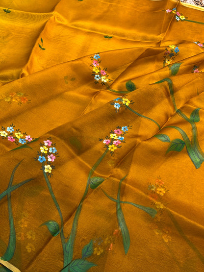 Mustard Yellow Pure Sheer Organza Handprinted Saree