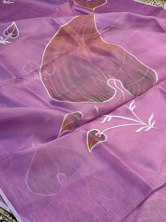 Pink Pure Sheer Organza Handprinted Saree