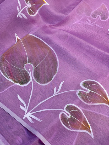 Pink Pure Sheer Organza Handprinted Saree
