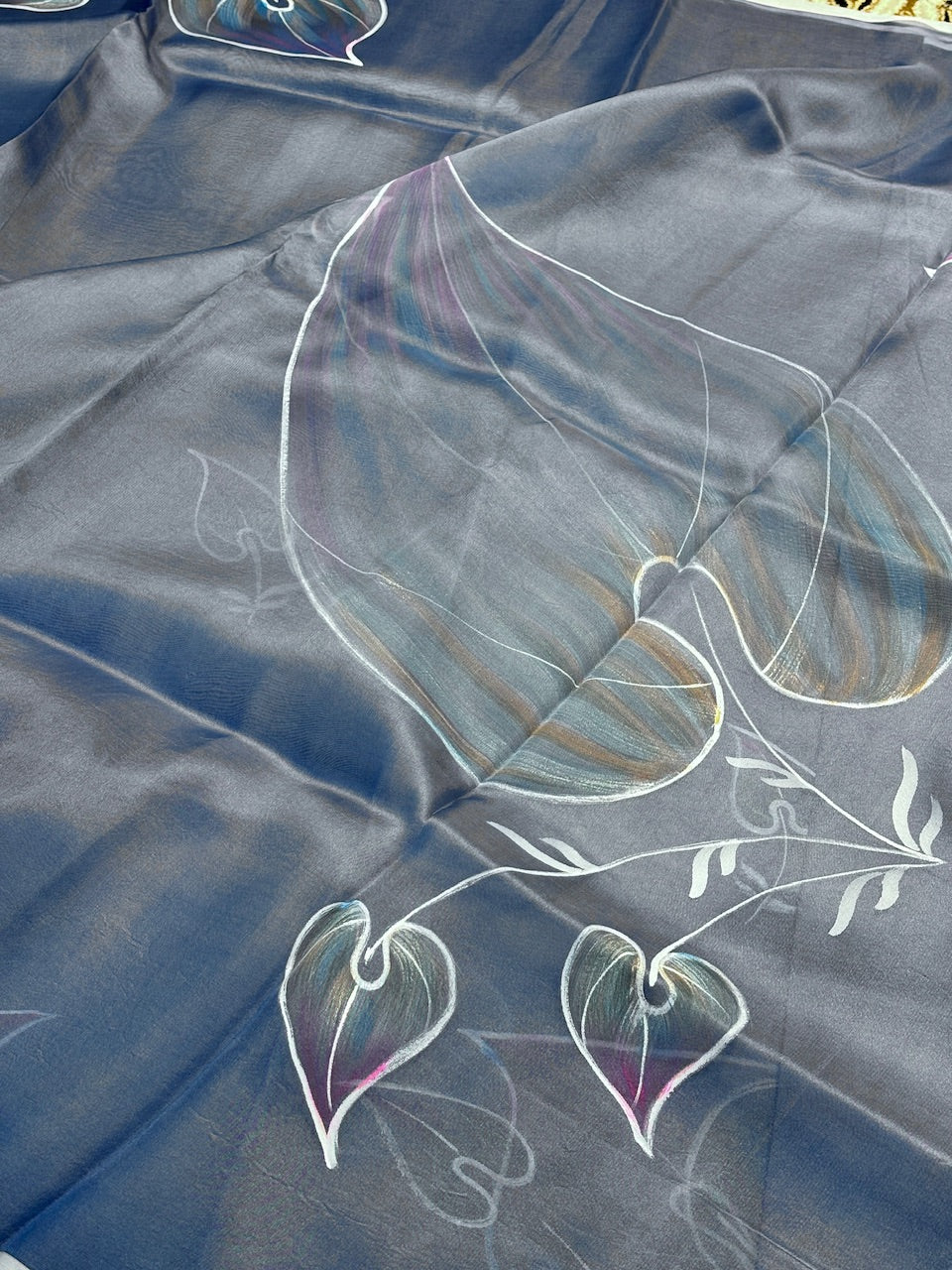 Grey Pure Sheer Organza Handprinted Saree