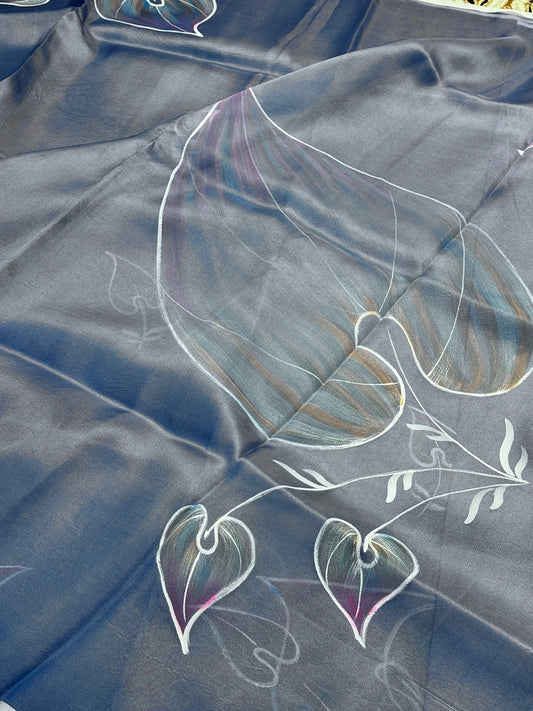 Grey Pure Sheer Organza Handprinted Saree