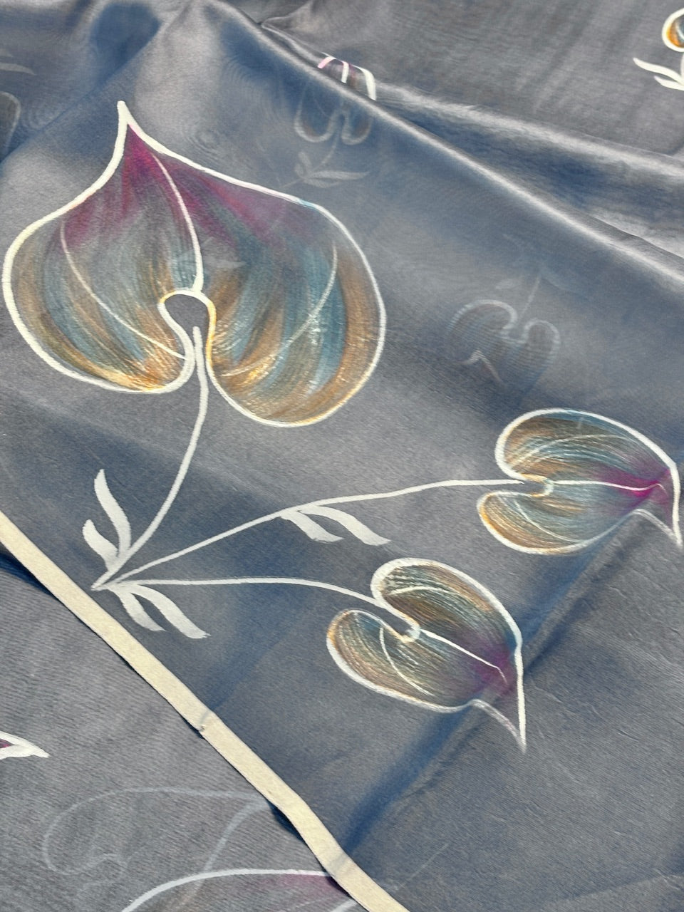 Grey Pure Sheer Organza Handprinted Saree