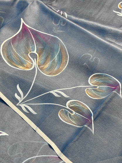 Grey Pure Sheer Organza Handprinted Saree