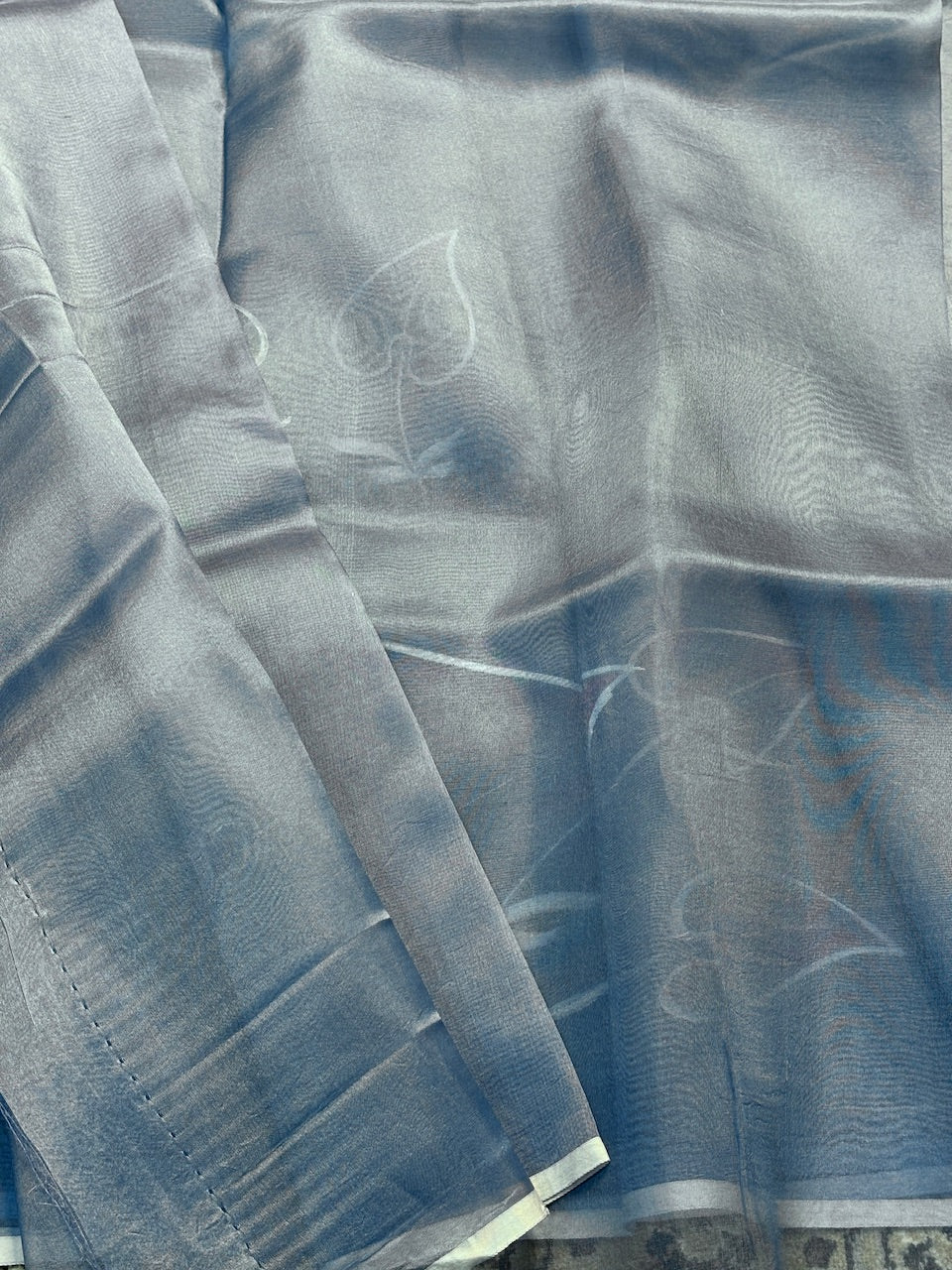 Grey Pure Sheer Organza Handprinted Saree