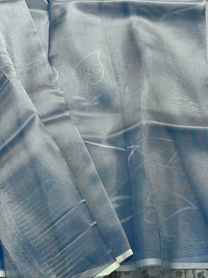 Grey Pure Sheer Organza Handprinted Saree
