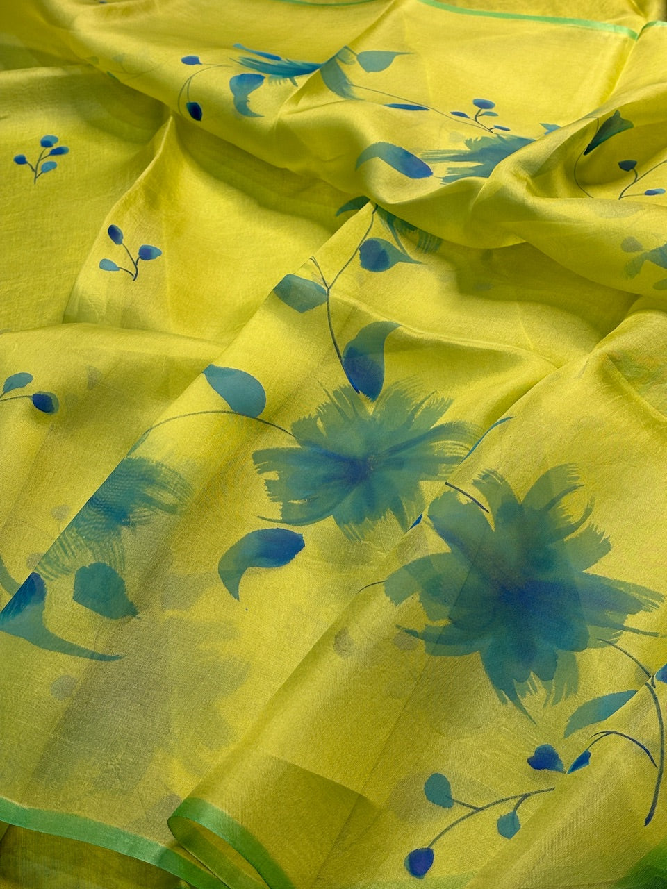 Lime Yellow Pure Sheer Organza Handprinted Saree