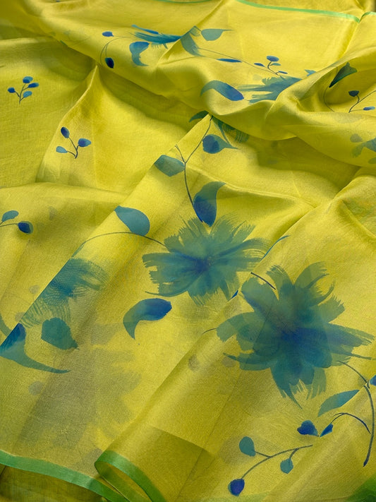 Lime Yellow Pure Sheer Organza Handprinted Saree