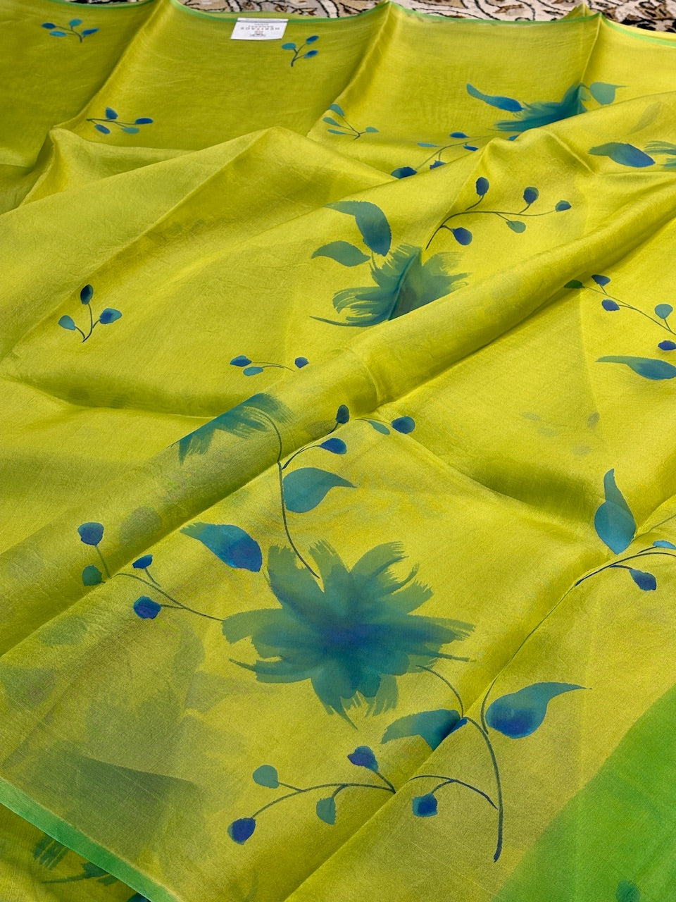 Lime Yellow Pure Sheer Organza Handprinted Saree