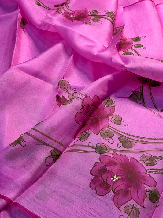 Pink Pure Sheer Organza Handprinted Saree