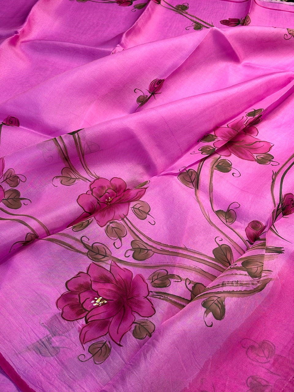 Pink Pure Sheer Organza Handprinted Saree