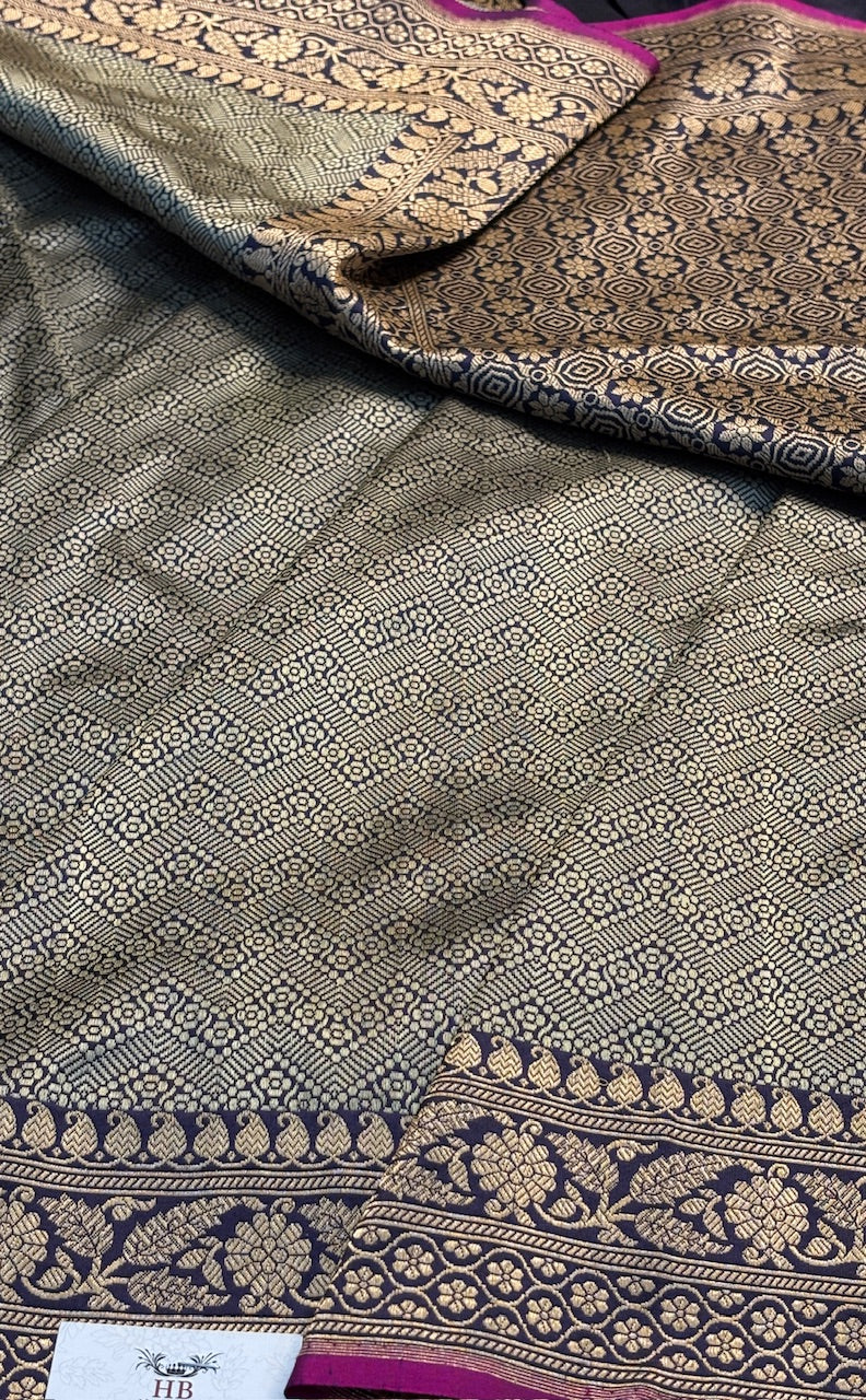 Navy Blue Pure Brocade Banarasi Silk Handwoven Saree